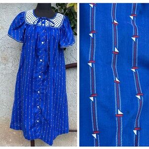 Vintage Models Coat Blue Striped Boat House Dress Nightgown Cottagecore Nautical